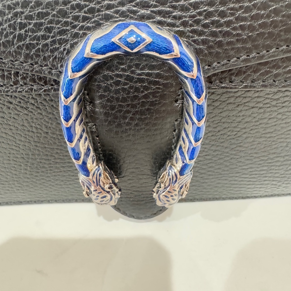 Dollar Calfskin Enamel Small Dionysus Shoulder Bag Black Electric Blue NEW - Picture 3 of 16